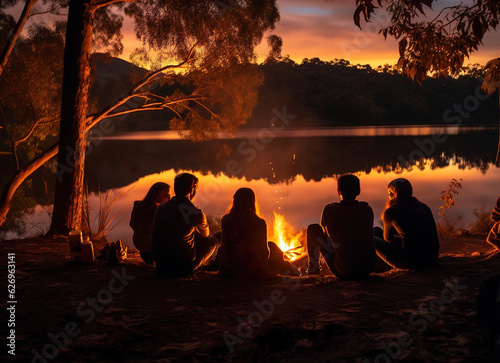sunset on the lake by the river with group of people sitting near a bonfire