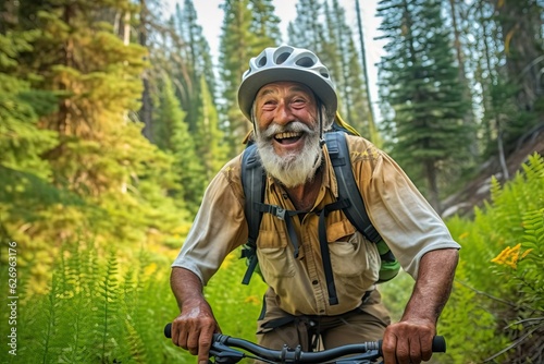 Mountain biking on the trail, elder man sport outdoor activity © thesweetsheep