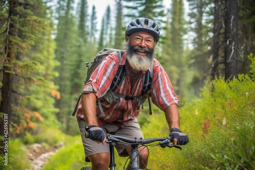 Mountain biking on the trail, elder man sport outdoor activity © thesweetsheep