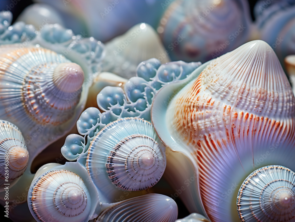 Photo of Shells: Close-up images of shells showcase their intricate patterns, textures, and the subtle iridescence or color variations present on their surfaces Photo of Shells: Close-up images of shells showcase their intricate patterns, textures, and the subtle iridescence or color variations present on their surfaces