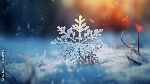 An excellent snowflake against the background of the forest. A great image with a winter theme. Winter forest on a background that gives charm. AI Generated. © Pavel