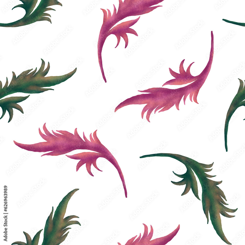 Fototapeta premium Elegant hand drawing pink and green leaves seamless pattern for printing on textiles, wallpaper. Cute magic background for kids design.