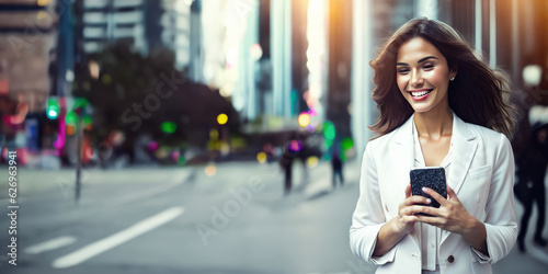 Women business professional with white shirt and smartphone,generative ai.