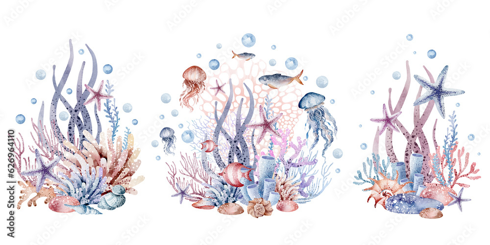 Composition of marine plants. Watercolor illustration of the underwater world and fish on an isolated background. Corals and seaweed are hand drawn. ocean design for logo.