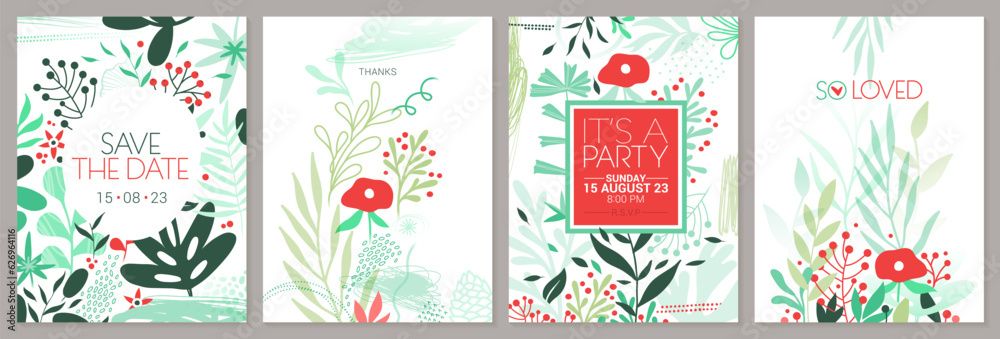 Naklejka premium Creative universal art templates with abstract plants and flowers. For invites, social networks posts, poster, greeting and business card, brochure Covers, email header, events and page cover