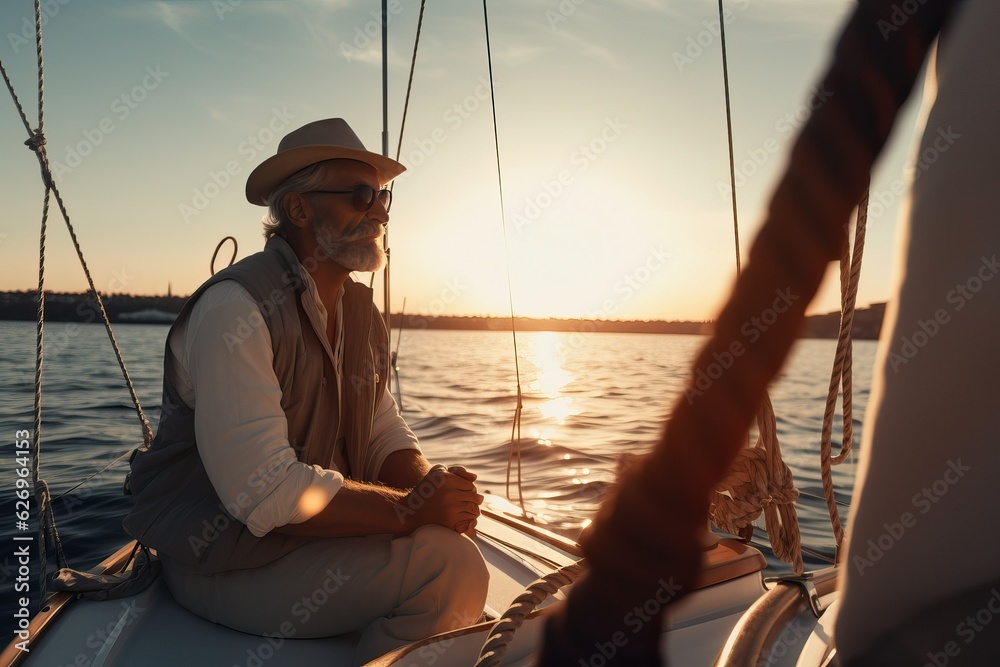 Man enjoying boating activity sailing, sea scene