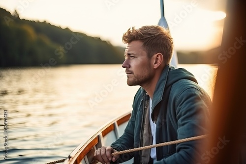 Man enjoying boating activity sailing, sea scene