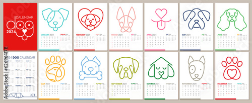 2024 Dog Calendar. Cute decorative calendar in A3 format. Collection with 12 dogs. Minimalistic design. Seamless pattern inside. Flat style
