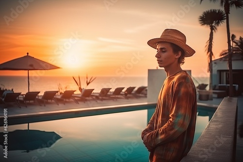 Man enjoy and relax at beach resort, sunset view