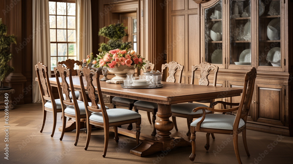 A captivating vintage oak dining table surrounded by ornate wooden chairs, exuding timeless elegance and charm Generative AI