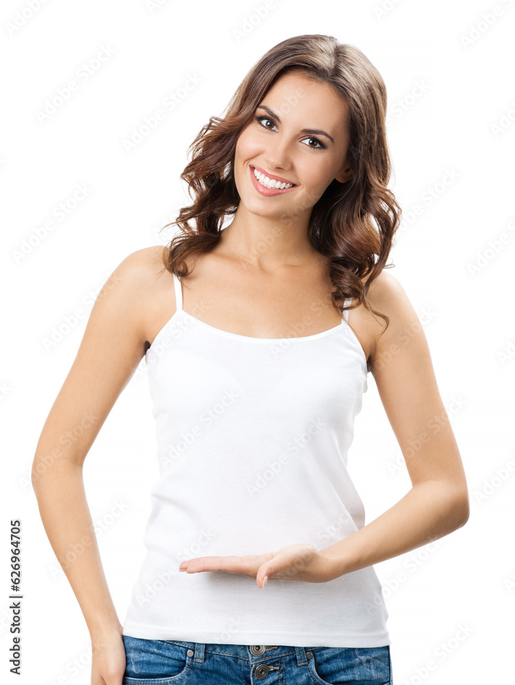 Beautiful young woman showing something Beautiful young woman showing something