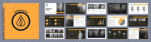 Presentation template with circle logo and orange and black colors