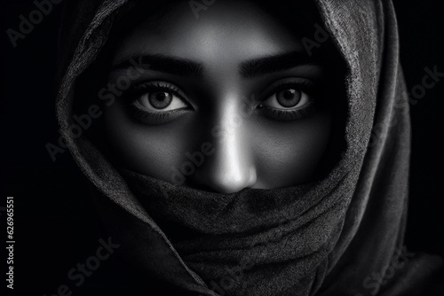 Woman wearing hijab head scarf. Close up black and white portrait. Generative AI