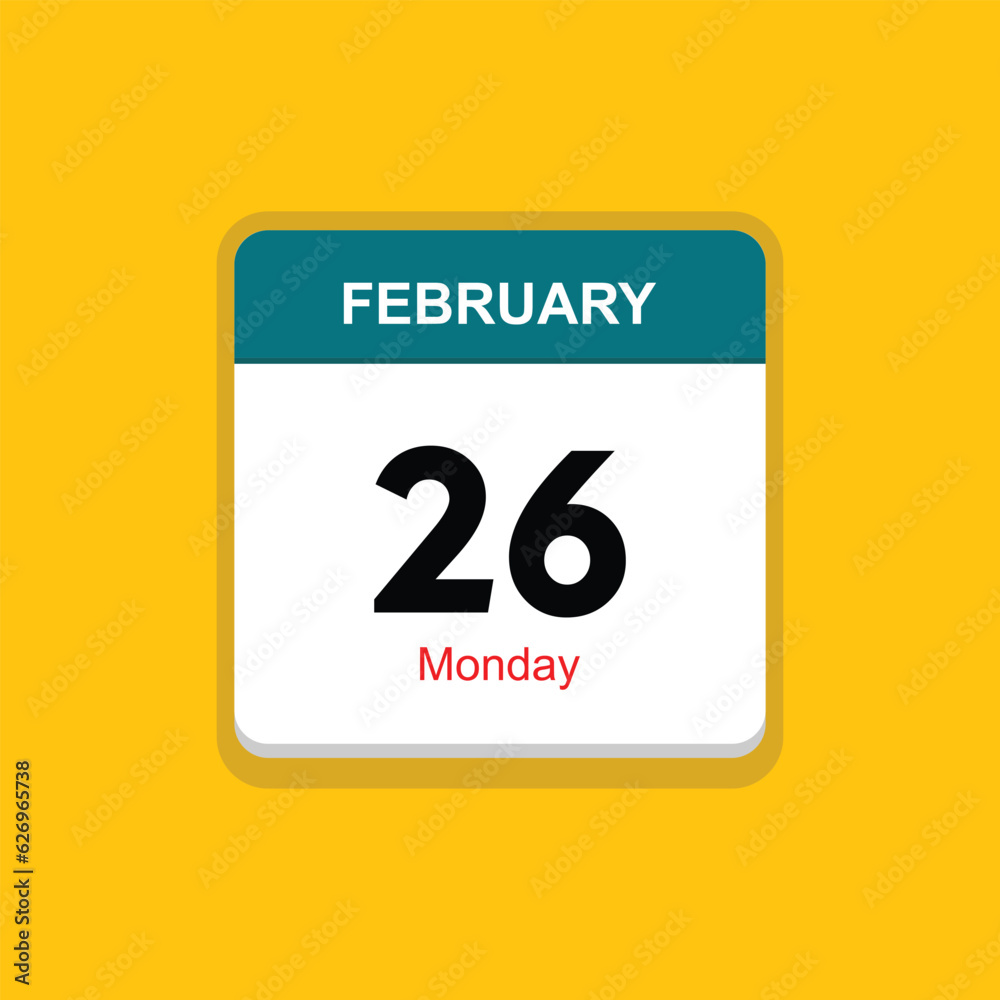 monday 26 february icon with yellow background, calender icon