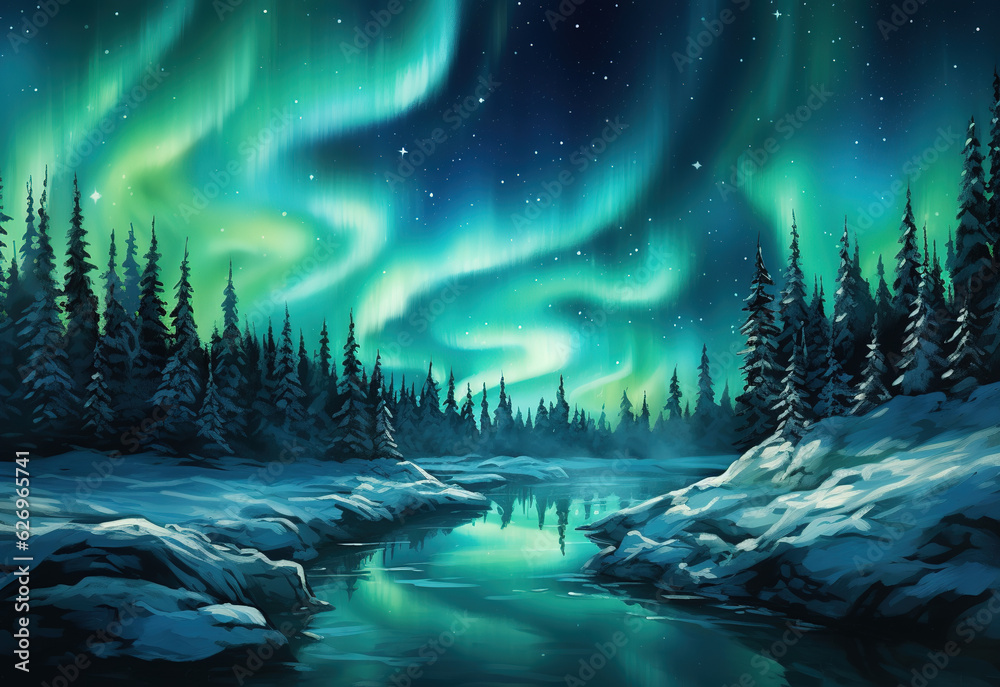 aurora borealis landscape with winter forest in the night  