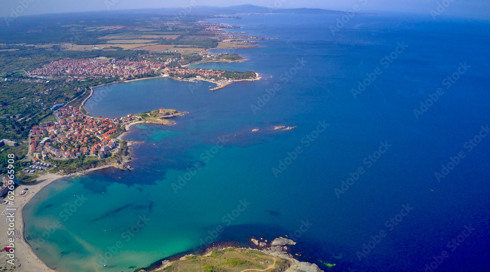 Southern coast of the Black Sea in Bulgaria from above. Drone photo. Top view of the sea and beaches Southern coast of the Black Sea in Bulgaria from above. Drone photo. Top view of the sea and beaches