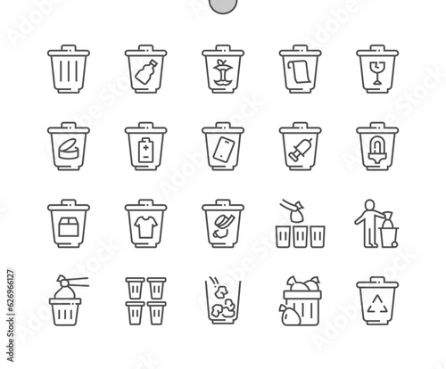 Waste sorting bins. Separating and recycling garbage. Ecology rubbish recycle. Pixel Perfect Vector Thin Line Icons. Simple Minimal Pictogram