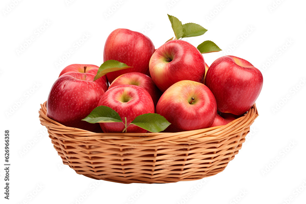 A realistic portrait of red apples in a basket, white background, isolated PNG A realistic portrait of red apples in a basket, white background, isolated PNG
