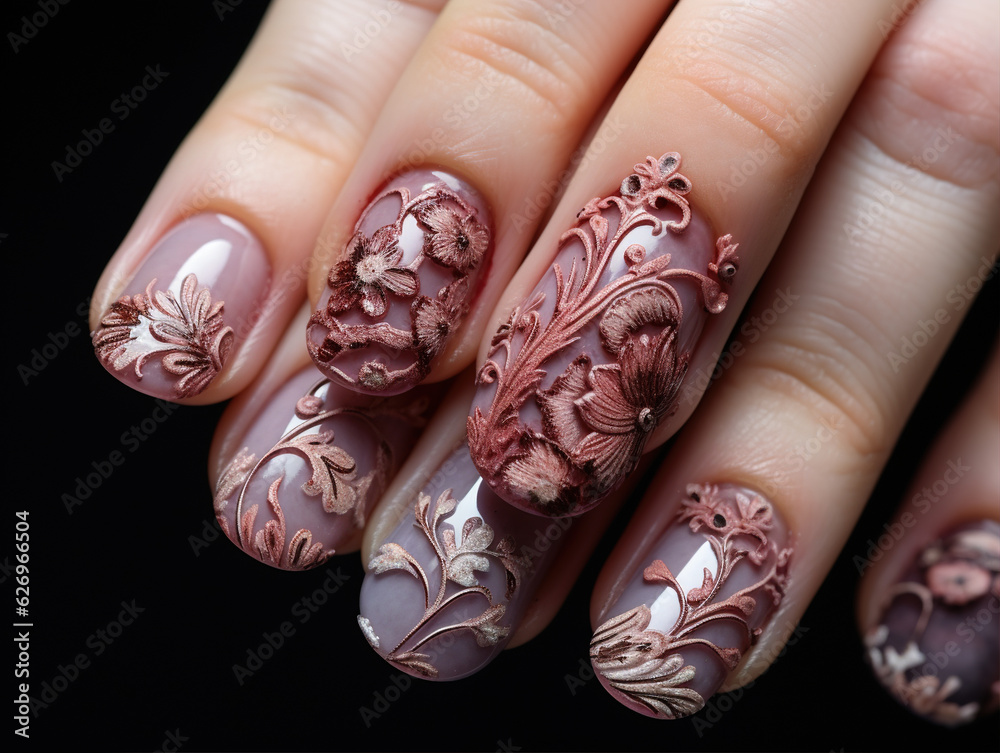 Photo of Fingernails or nail art: Close-up shots of fingernails or nail art reveal the intricate designs, colors, and textures of the nails. It showcases the precision and creativity in nail art or th Photo of Fingernails or nail art: Close-up shots of fingernails or nail art reveal the intricate designs, colors, and textures of the nails. It showcases the precision and creativity in nail art or th