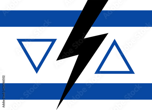 Confrontation in Israel, the flag of Israel is split by lightning, the conflict between the government of Israel and Israeli justice, the conceptual consequences of judicial reform