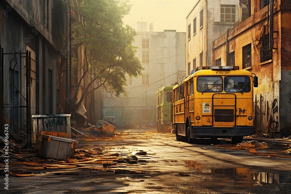 Obraz premium Yellow school bus. Ai art. Urban backstreet