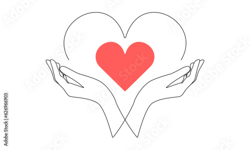 One continuous line drawing of hands holding heart. Concept of love and volunteer organisation symbol in simple linear style. Editable stroke. Doodle Vector illustration