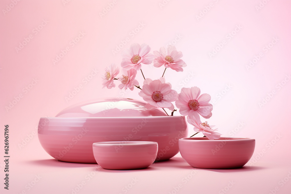 Decorative podium and blooming branches on pink background generative ai