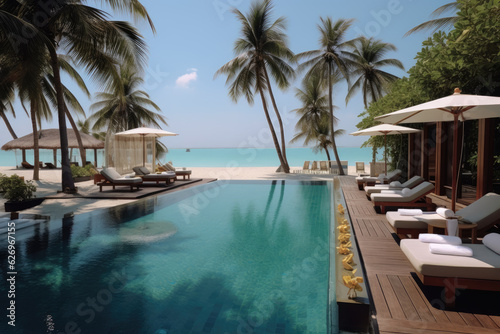Stunning landscape, swimming pool blue sky with clouds, Tropical resort hotel, Luxury travel vacation © pariketan