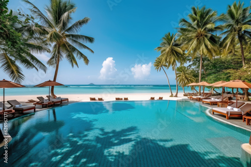 Stunning landscape, swimming pool blue sky with clouds, Tropical resort hotel, Luxury travel vacation