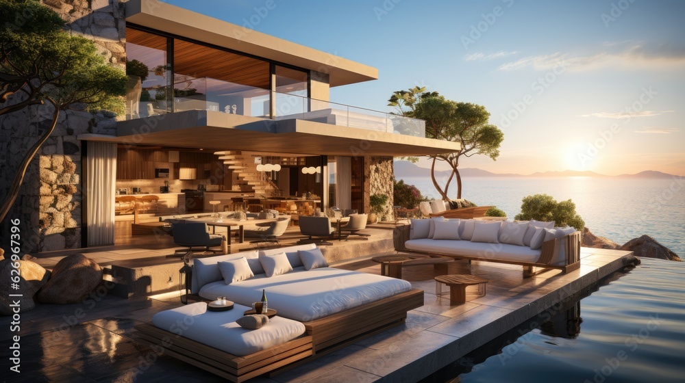 Fototapeta premium Design house - modern villa with open plan living and private bedroom wing. Large terrace with privacy and, swimming pool. Generative AI.