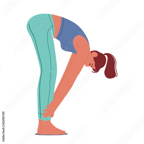 Woman Character Performing Padhasthasana Yoga Pose Where She Bends Forward From The Waist, Reaching Her Hands