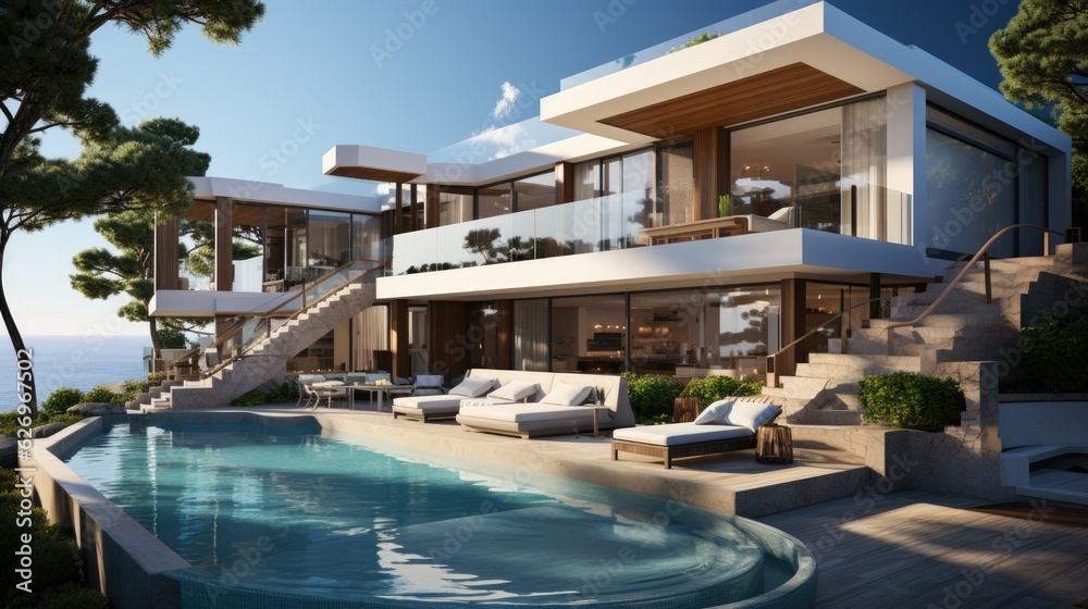 Design house - modern villa with open plan living and private bedroom wing. Large terrace with privacy and, swimming pool. Generative AI. Design house - modern villa with open plan living and private bedroom wing. Large terrace with privacy and, swimming pool. Generative AI.