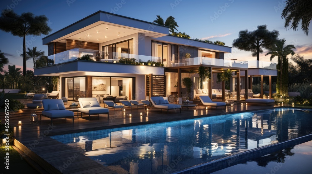 Design house - modern villa with open plan living and private bedroom wing. Large terrace with privacy and, swimming pool. Generative AI.