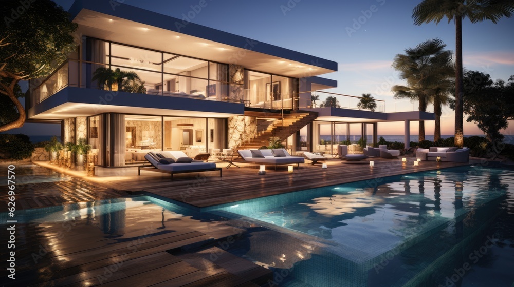 Design house - modern villa with open plan living and private bedroom wing. Large terrace with privacy and, swimming pool. Generative AI.