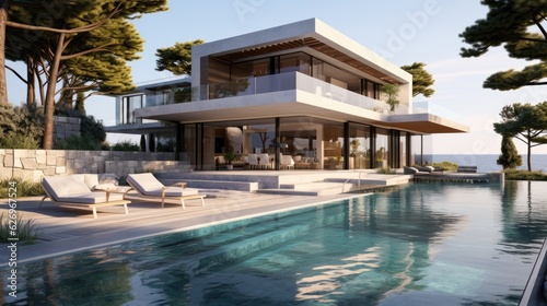 Design house - modern villa with open plan living and private bedroom wing. Large terrace with privacy and, swimming pool. Generative AI.