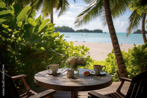 Stunning landscape, table on terrace by the beach, Tropical resort hotel, Luxury travel vacation © pariketan