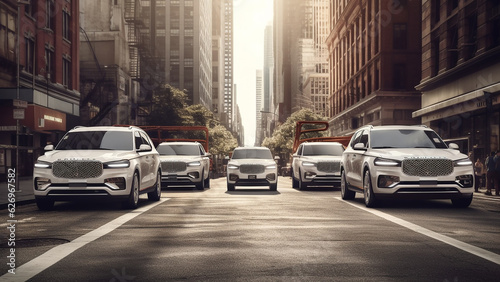 A lot of white cars on the street of an old city with high skyscrapers. Generative AI