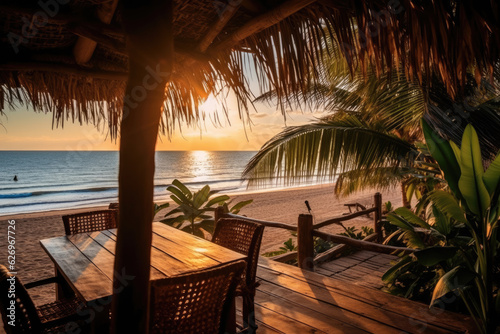 Stunning landscape  terrace by the beach at sunrise  Tropical resort hotel  Luxury travel vacation