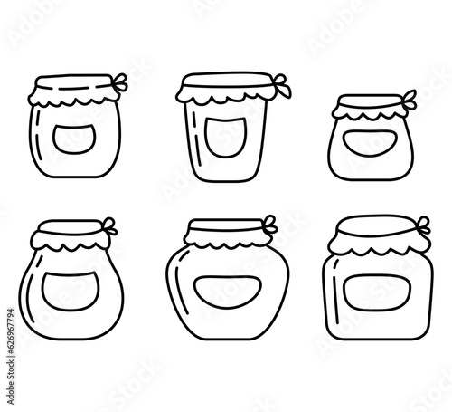 Hand drawn glass jar.Contour sketch.Mason jars.Doodle sweet preserve .Homemade fruit jelly.Honey or glass jar.Isolated on white background.Outline vector illustration.