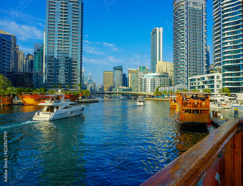 Photography Dubai Marina in Dubai, UAE. View of the skyscrapers and the canal