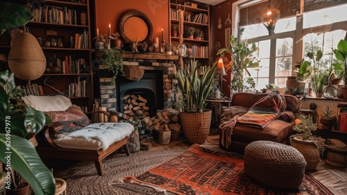Living room decor, home interior design . Bohemian Rustic style with Fireplace decorated with Wicker and Wood material . Generative AI AIG26. photo