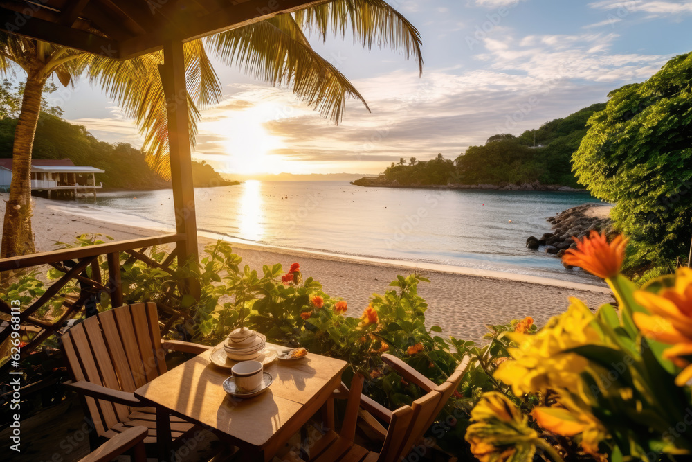 Stunning landscape, terrace by the beach during the day, Tropical resort hotel, Luxury travel vacation