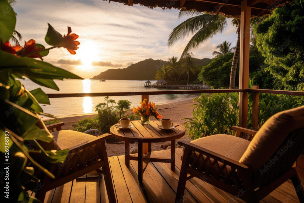 Fototapeta premium Stunning landscape, terrace by the beach during the day, Tropical resort hotel, Luxury travel vacation