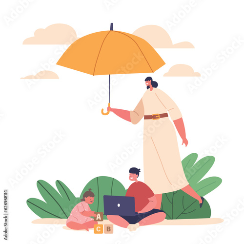 Mother Shield Little Kids Under An Umbrella, Symbolizing Family Protective Embrace. It Embodies The Concept Of Safety