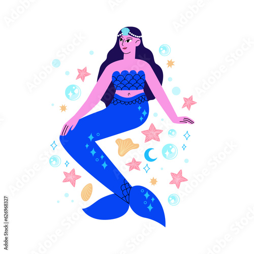 Cute mermaid with seashells and bubbles vector flat illustration. Fantasy sea woman character