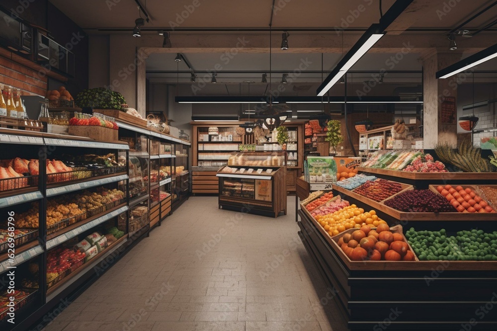 3D rendering of a grocery store interior with stocked shelves. Generative AI