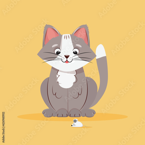 Funny cat character illustration and a mouse next to it. Vector illustration