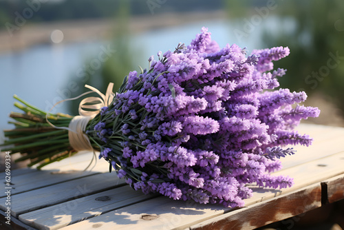 A bouquet of fresh lavender tied with a ribbon lies on a wooden bench in nature. ai generated