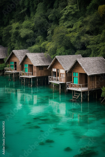 Idyllic Polynesian wooden huts on stilts standing in turquoise waters in an island bay - AI generated