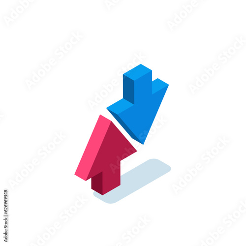 isometric two opposite arrows icon on white background, finance exchange or loading and unloading
